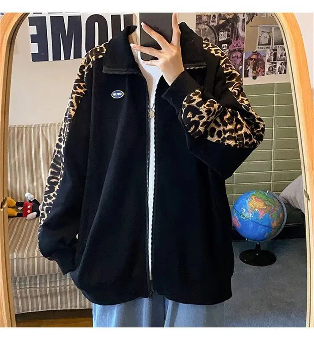 Wiaofellas  -  Jackets, men's leopard print jackets, spring and autumn new American style loose hooded zippered cardigan hoodies