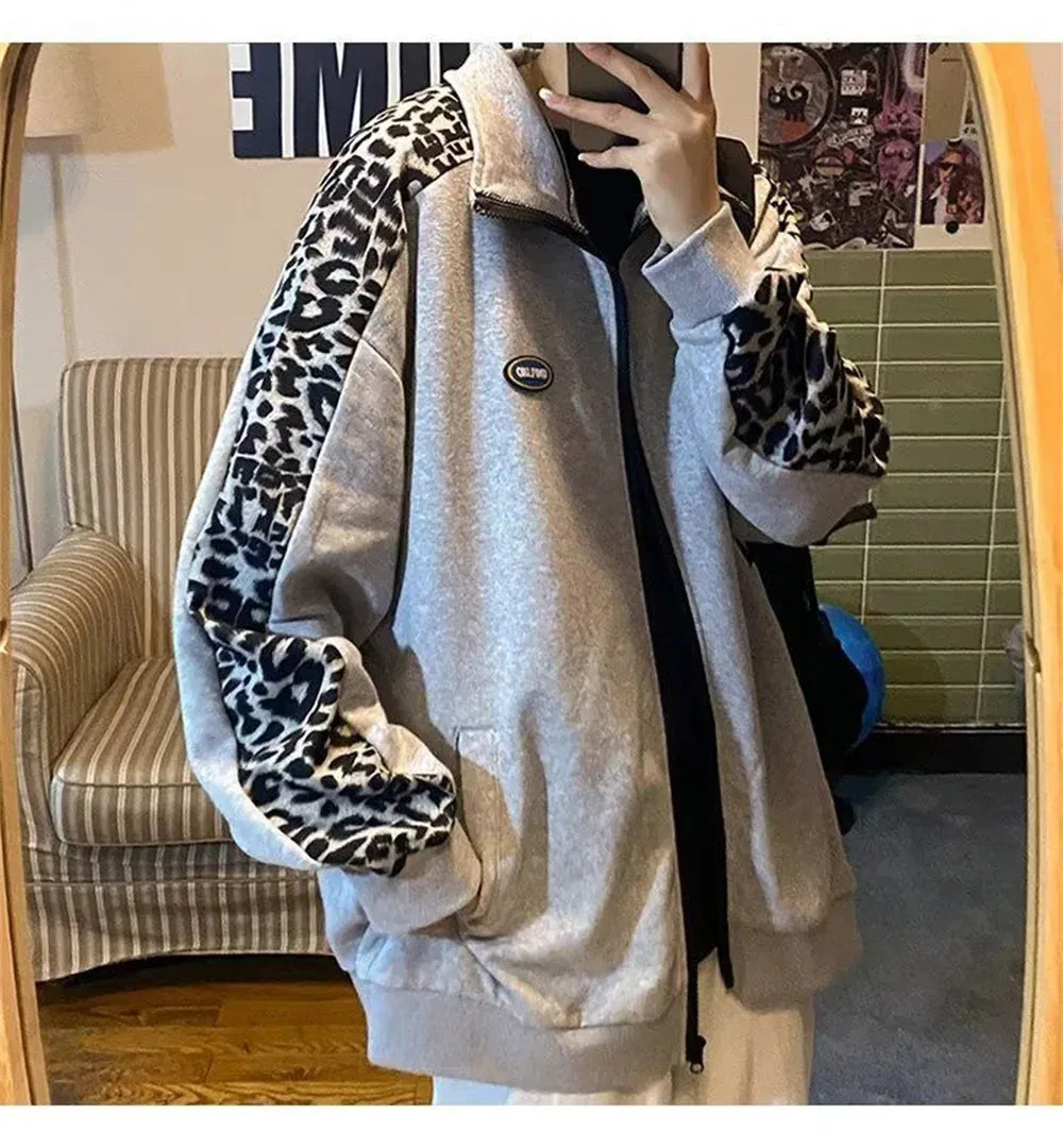 Wiaofellas  -  Jackets, men's leopard print jackets, spring and autumn new American style loose hooded zippered cardigan hoodies