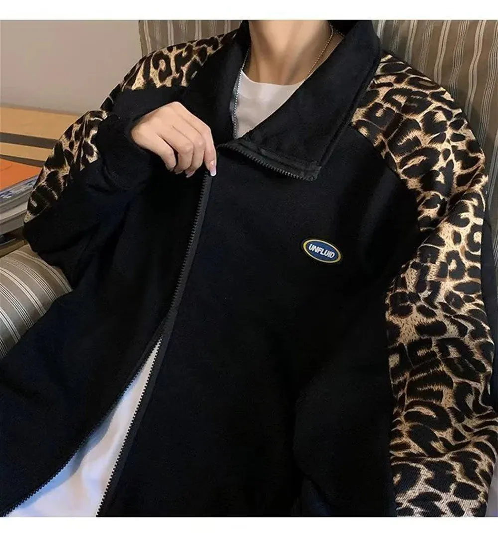 Wiaofellas  -  Jackets, men's leopard print jackets, spring and autumn new American style loose hooded zippered cardigan hoodies