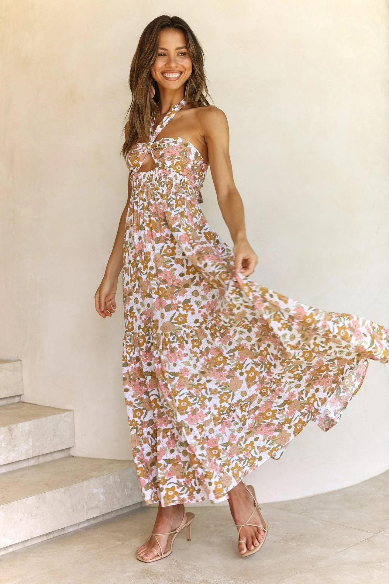 Women’s Casual Halter Neck Sleeveless Floral Long Maxi Dress