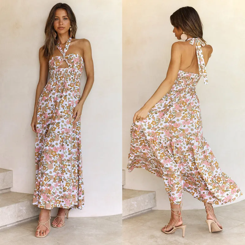 Women’s Casual Halter Neck Sleeveless Floral Long Maxi Dress